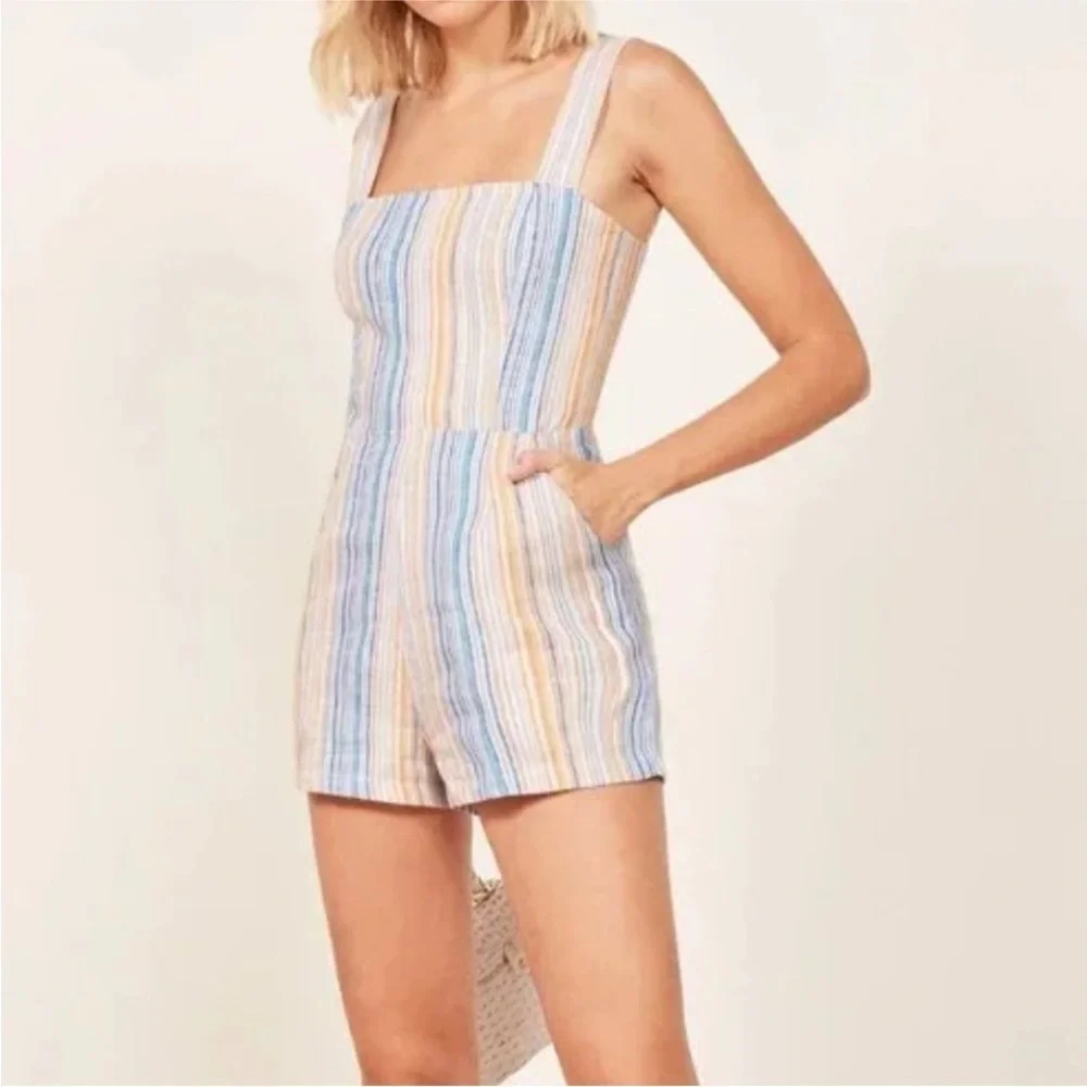Reformation Island Linen Romper in Marbella Striped Multi Color Size 4